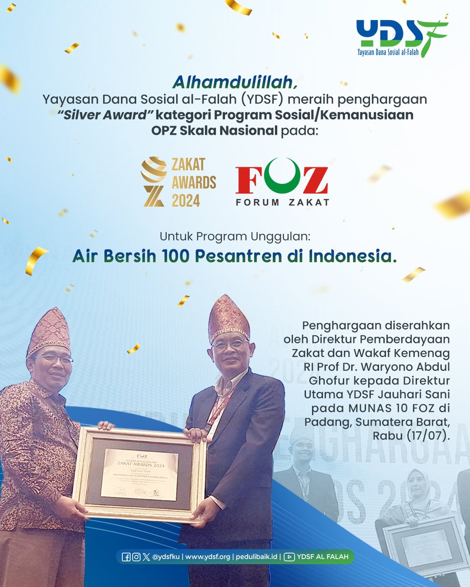 ydsfku's tweet photo. Alhamdulillah, YDSF raih penghargaan 'Silver Award' kategori Program Sosial/Kemanusiaan OPZ Nasional pada Zakat Award 2024 untuk Program Unggulan 'Air Bersih 100 Pesantren di Indonesia'
#zakataward #zakatawards #penghargaan #awards #terbaik #best #YDSF #makinterasamanfaatnya https://t.co/loi64Q1GxD