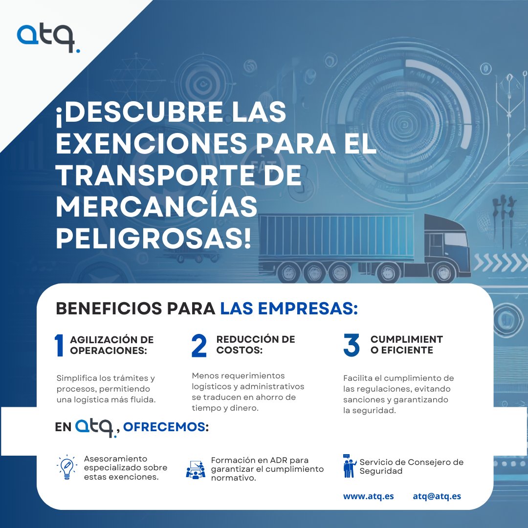 ATQQuimyser's tweet photo. En ATQ, te ayudamos a cumplir con las regulaciones de manera eficiente y segura. Ofrecemos formación en ADR y servicio de Consejero de Seguridad. ¡Aprovecha las exenciones y optimiza tu logística! 🚚🔒

#TransporteSeguro #ADR #Logística #Seguridad

📞✉️ Contáctanos para más info. https://t.co/ZGNUe7AEBo