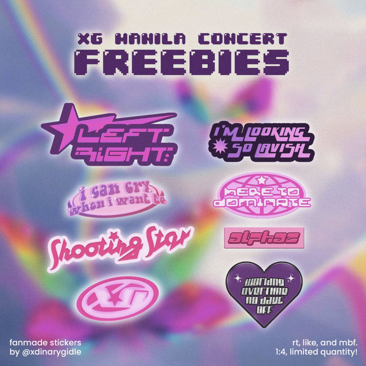 xdinarygidle's tweet photo. XG MANILA FREEBIES *ೃ༄
reproduced waterproof stickers i made from my favorite xg era

✦  rt, like, and mbf.
✦  1:4, limited pieces only!
see you on d-day, ph alphaz. 🐺🌟

#XG #XG_1stWORLDTOUR_MANILA
#XG_1stWORLDTOUR #ThefirstHOWL https://t.co/oo4dqqn92T