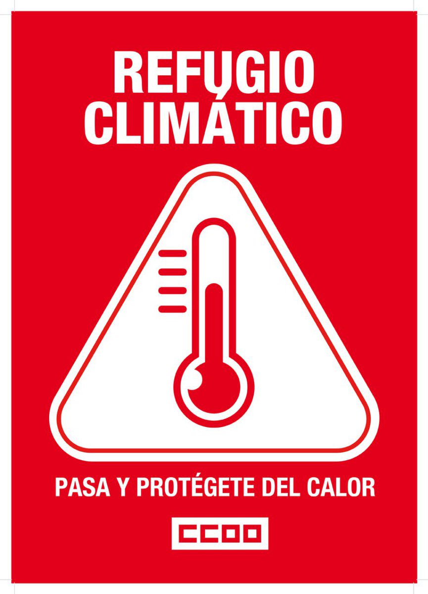 CCOO's tweet photo. ‼️La primera gran ola de calor de este verano ya ha llegado. 🥵

❕⚠️ Las temperaturas rondarán los 40 grados, y se espera que los días más cálidos sean hoy y mañana. 

👉 Si te encuentras trabajando en la vía pública, te recomendamos que te pases por alguna de nuestras sedes para refrescarte y protegerte de este calor extremo.

☀️🪭 Para evitar posibles riesgos para la salud como el agotamiento por calor o la deshidratación severa, mantente en un lugar fresco e hidrátate.

‼️❕‼️❕Accede a la sede más cercana. ‼️❕‼️❕
