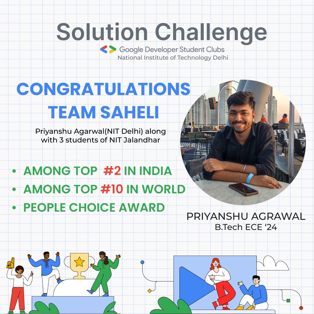 GDSC_NITD's tweet photo. Priyanshu Agarwal's Saheli team included three other NIT Jalandhar. They took part in the Google Solution Challenge 2024 and placed top 2 in India, and the best 10 of the teams worldwide.They participated in the July 17, 2024, Google I/O Connect, which was held in Bengaluru. https://t.co/a1pJxz8UdP
