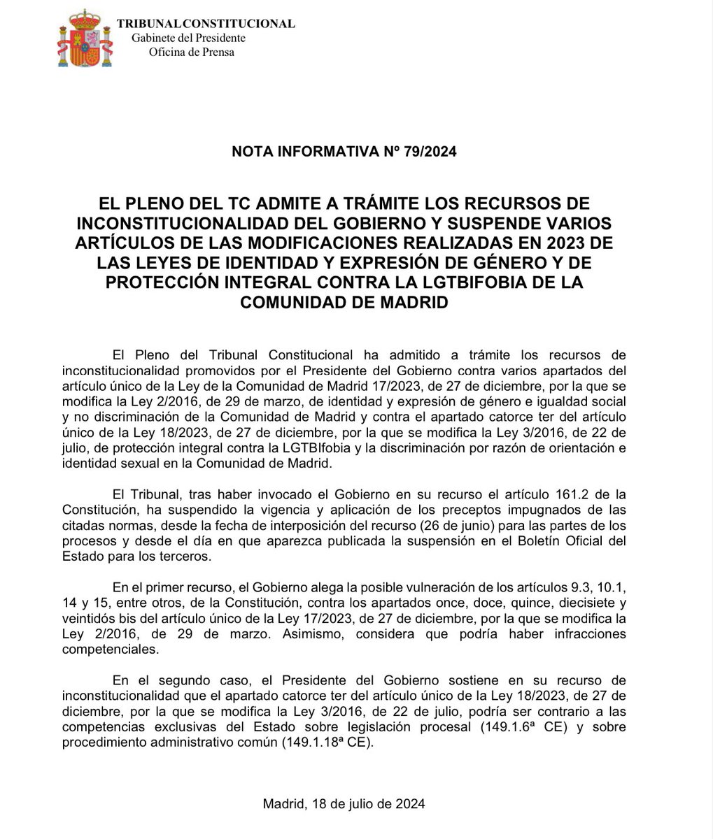 ‼️El Tribunal Constitucional admite a trámite los recursos de inconstitucionalidad interpuestos por el Gobierno y SUSPENDE de forma cautelar la reforma de Ayuso de las leyes Trans y LGTBQI+ de la Comunidad de Madrid 🏳️‍🌈🏳️‍⚧️