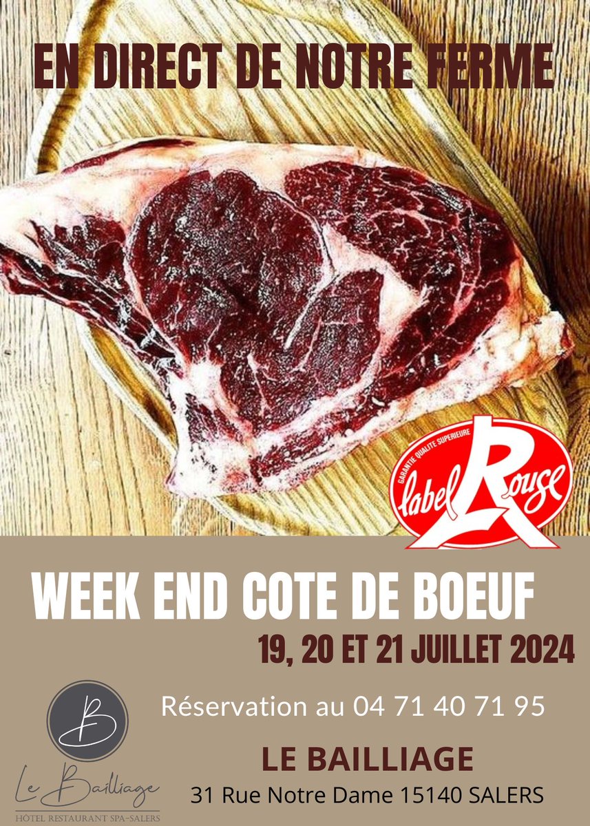 Il y a des "bons vivants" par ici ?

Les soirées côte de boeuf sont de retour ! Alors pensez à réserver il n'y en aura pas pour tout le monde 🍴🍷😀

Viande Salers Label Rouge 

Vendredi 19, Samedi 20 et Dimanche 21 Juillet 2024

Réservation au 04.71.40.71.95

#cotedeboeuf