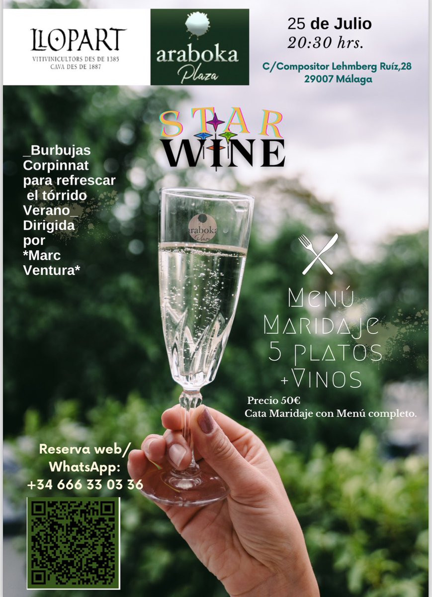 🗓️🍇👨‍🍳 25 Julio 🕣20:30 H_ *StarWine*𝑭𝒆𝒔𝒕𝒊𝒗𝒂𝒍 𝒅𝒆 Ｃ▲Ｔ▲Ｓ 𝑴𝒂𝒓𝒊𝒅𝒂𝒅𝒂𝒔 𝒆𝒏 𝒂𝒓𝒂𝒃𝒐𝒌𝒂ＰＬ▲Ｚ▲
- Cata de Espumosos Llopart&amp;Menú Cena Maridaje 5platos
_Burbujas Corpinnat para refrescar el Verano_Dirigida por *Marc Ventura*
Reservas: arabokarestaurante.com/reservar/arabo…