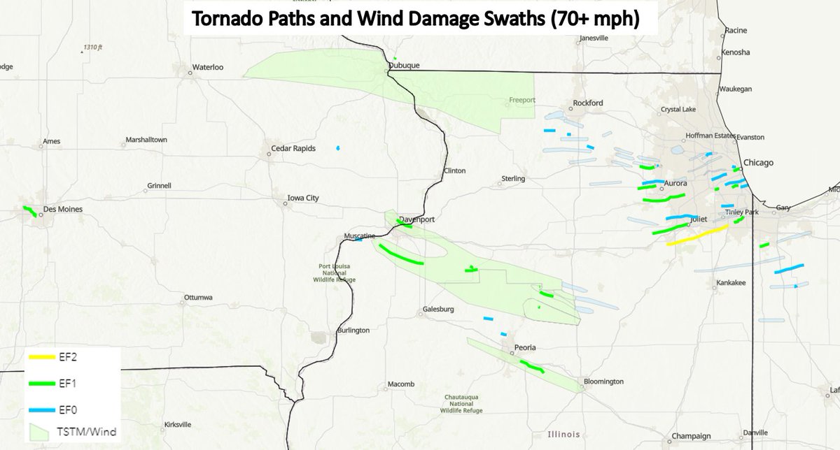 NWSQuadCities's tweet image. In addition, widespread damage swaths (70+ mph or greater) were observed along the Hwy 20 corridor east of Waterloo towards Freeport, and from the Quad Cities towards Kewanee and then near the Lacon/Minonk area.  Numerous trees and power lines fell within these areas.