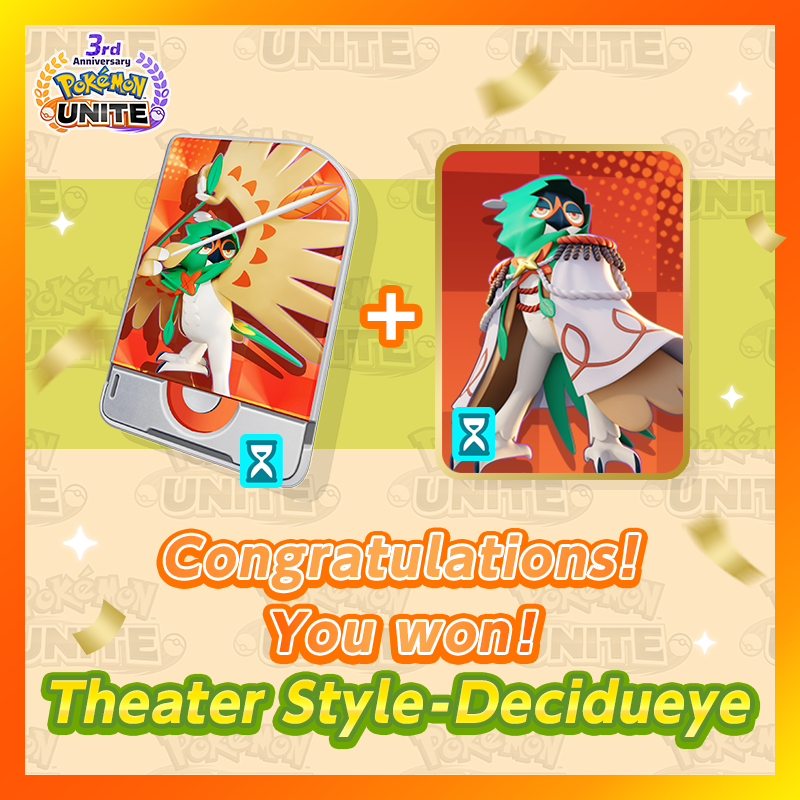<a href="/justsvmm/">SamM</a>
Thank you for participating!
You won...

Theater Style: Decidueye(3-Day Limited License&amp;Holowear Rental) ✨✨

Gift Code:
MU1Z8Y1T6DKT
Expiration Date: August 31, 2024

Please be careful not to share this with others.

pokemonunite.jp/ja/news/240/?t…