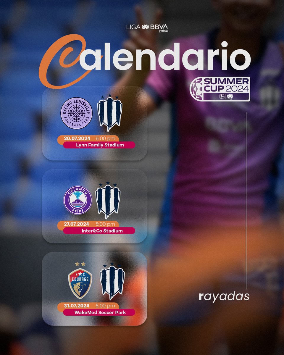 La Summer Cup para las 🏆Campeonas inicia el 20 de Julio. 🤩

Estos serán los 📌partidos para <a href="/Rayadas/">Rayadas</a> en la primera Fase de la competencia.

#VamosPorEllas👊🏼