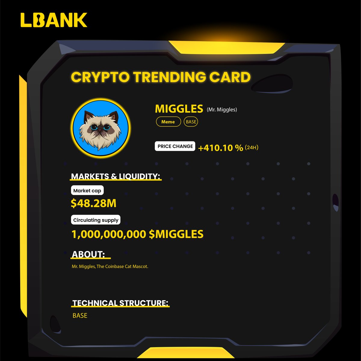 LBank_Exchange's tweet photo. 🛫 #MIGGLES is now trending on #LBank!

🔥 Check out MIGGLES/USDT here:https://t.co/dXsjirwUN6

🚀 Discover more about @MrMigglesOnBase by exploring the #cryptotrending card for the latest insights and update. https://t.co/Cf8irUAusD