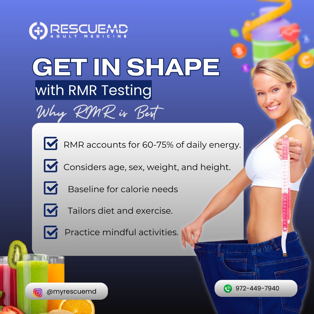 MYRESCUEMD's tweet photo. ⚠️ Did you know? Your Resting Metabolic Rate (RMR) accounts for 60-75% of your daily calorie burn!

RescueMD offers precise RMR testing in Allen, McKinney, Frisco, Plano, Dallas, and nearby areas.

📍945 Stockton Drive, Ste #6100, Allen, TX
📞972-449-7940 https://t.co/IJNTFc6UCw