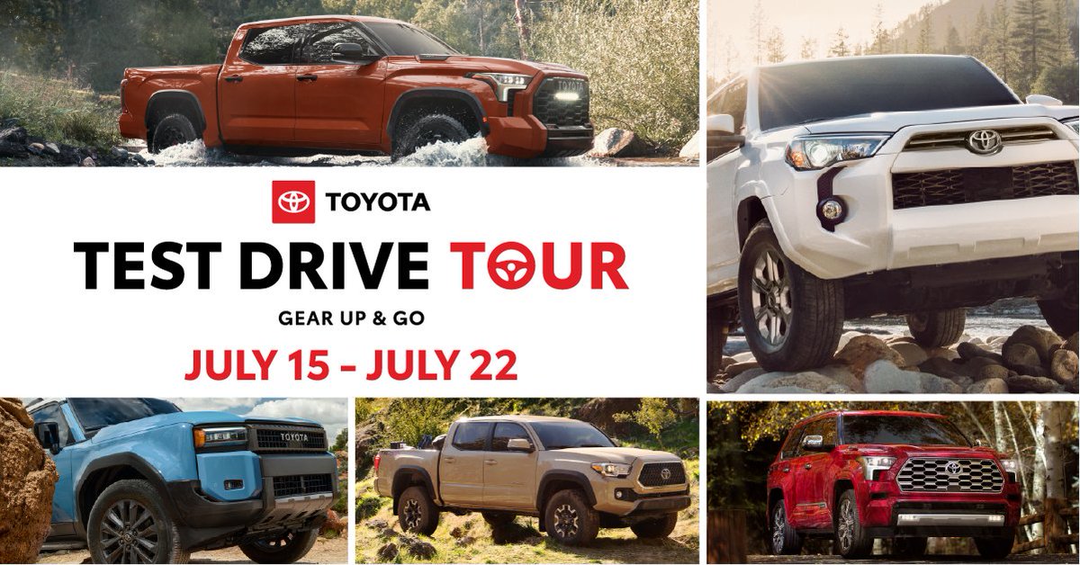 eddystoyota's tweet photo. You can stop by today to test drive the Land Cruiser, Tacoma TRD Pro, Tacoma Trailhunter, and other Tacoma models. See you soon!

Details: https://t.co/S1sFaOIbNd

#EddysToyota #BestInTownBestAround #TestDriveTour #GearUpAndGo #TestDriveEvent https://t.co/YoUeOtj3Yd