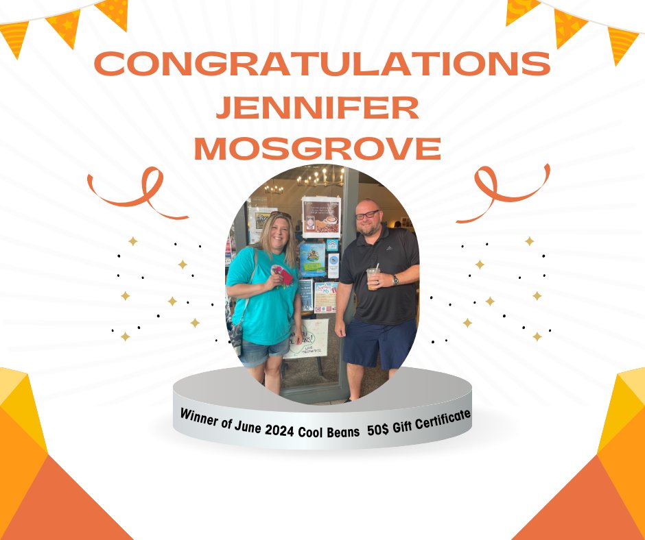 FBenGilbert1's tweet photo. 🎉 Congratulations to our June 2024 winner of the Cool Beans $50 Gift Certificate, Jennifer Mosgrove! 🎉 Enjoy your prize! ☕️✨ https://t.co/1wG70yXTzP