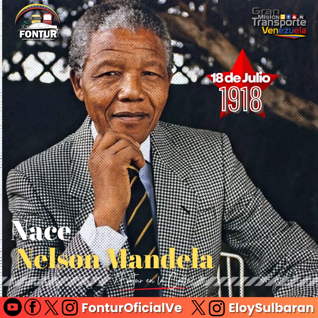 Líder sudafricano que se convirtió en un símbolo de la lucha contra el sistema de segregación racial que gobernó Sudáfrica hasta el 27 de abril de 1990.

#VenezuelaObrera

<a href="/NicolasMaduro/">Nicolás Maduro</a> 
@rvaraguayan 
<a href="/hectorojasve/">Héctor Rojas</a> 
<a href="/ELOYSULBARAN/">Eloy Chiquitín</a> 
@TransporteGobVe 
<a href="/FonturOficialve/">Fontur</a>
