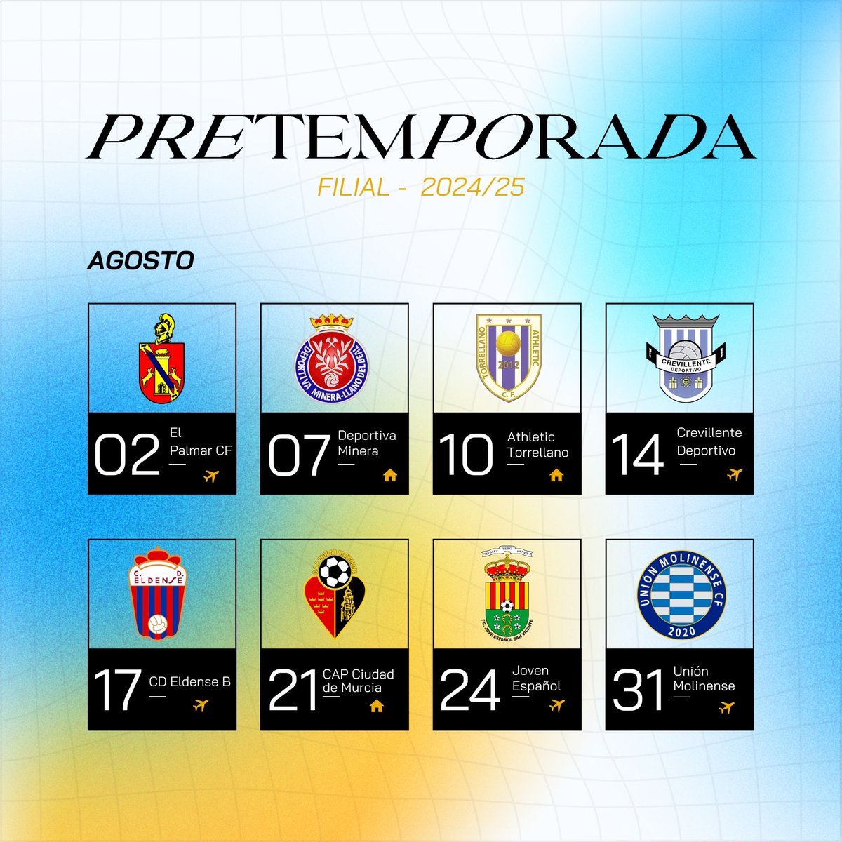 Nuestro filial comienza este lunes 22 de julio su pretemporada 2024/25. 

Los pupilos de <a href="/PAlburquerque/">Pedro Alburquerque</a> tendrán ocho test veraniegos antes de su inicio liguero:

🆚 <a href="/EGelpalmar/">El Palmar CF</a> (3ª Federación) 
🆚 <a href="/DeportivaMinera/">Club Deportiva Minera</a> (2ª Federación)
🆚 <a href="/actorrellano/">Athletic Club Torrellano</a> (3ª Federación)
🆚 <a href="/CreviDvo/">Crevillente Deportivo</a> (3ª