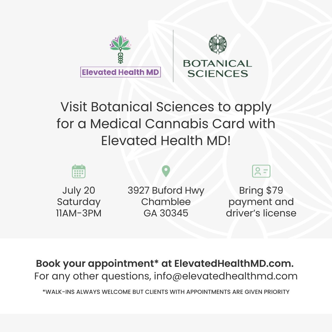 BotSciGA's tweet photo. 🌱 📅 Join us! 
Saturday, July 20,11 AM -3 PM 
📍Botanical Sciences Chamblee Dispensary 
We are partnering with Dr. Epps and Yasmin King from Elevated Health MD to help guide you through the process of securing your MMJ card. #Relief #Georgia https://t.co/oULBUGKHhd