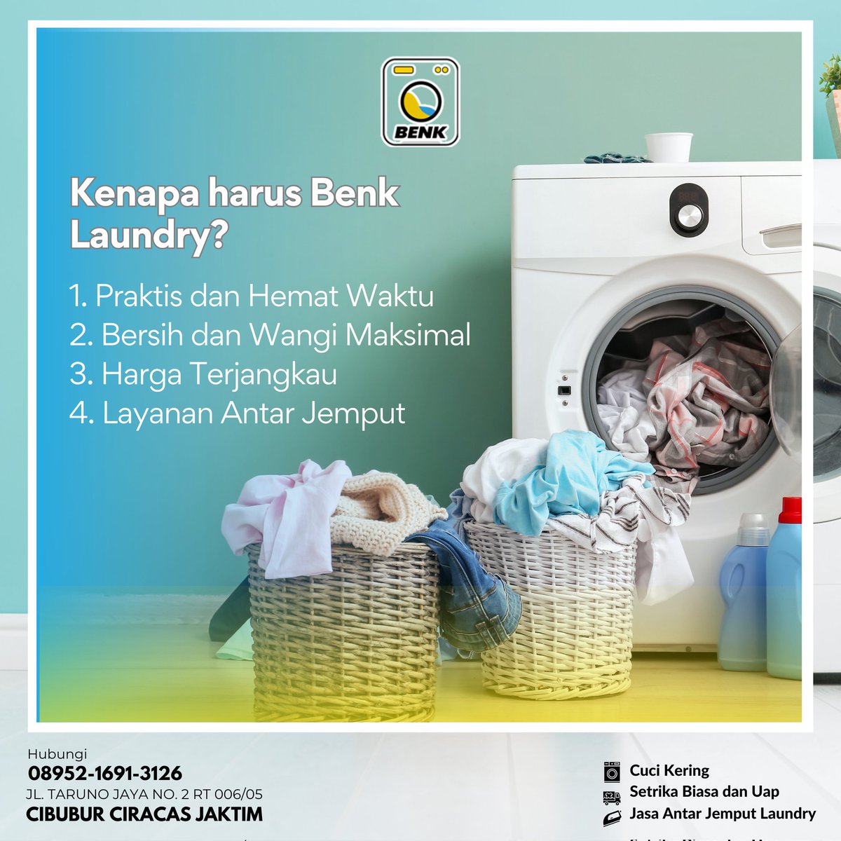 benkloundry's tweet photo. Siapa sih yang nggak suka punya pakaian bersih dan wangi?

Tenang, ada Benk Laundry yang siap membantu kamu!
Benk Laundry adalah solusi laundry terpercaya yang menawarkan berbagai layanan untuk memudahkan kamu dalam menjaga kebersihan pakaian.

#CuciKilat  #BenkLaundry https://t.co/idlRyJEPE4