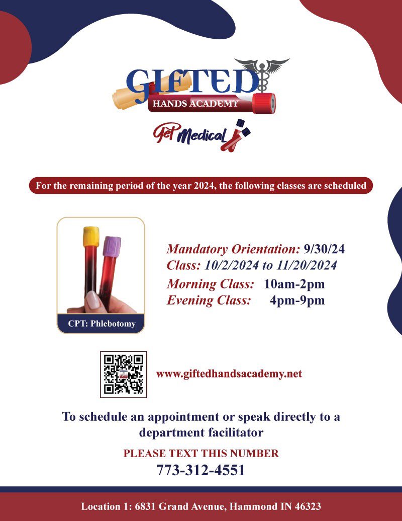 GiftedHandsAca1's tweet image. 🌟 Exciting News from Gifted Hands Academy! 🌟

Our winter schedule is here, and we are thrilled to announce an additional cohort for our Phlebotomy Certification Program! 

#GiftedHandsAcademy #PhlebotomyCertification #AlliedHealth #NewCareer #WinterSchedule #HandsOnTraining
