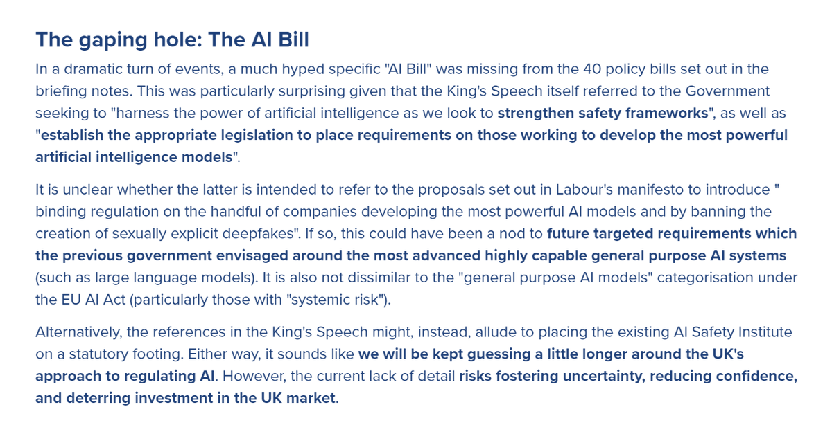 owenboswarva's tweet photo. The King's Speech: 40 policy bills, a gaping AI hole and a boomerang data bill https://t.co/gQRbQCzL70 from @HSFlegal
#KingsSpeech #DISDBill #smartdata #dataprotection
Weirdly, DSIT is putting out comms as if the UK Government *has* announced an #AIBill. https://t.co/3iEQQSlFFU https://t.co/nrytwlddoZ