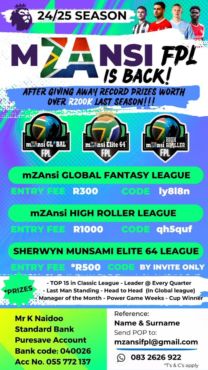 ⚽ Looking for a fair shot? ⚽
🌍 Join our GLOBAL LEAGUE - The only league in mZansi where you're not forced to compete against the seasoned vets! 🏅
💸 Or join our High Roller League and take on the PROs! 💪
For more details, click the link below👇🏼
bit.ly/m/mzansifpl