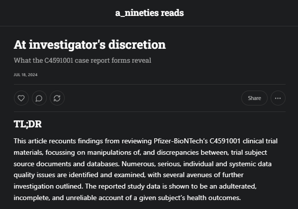 a_nineties's tweet image. 🚨🚨NEW ARTICLE 🚨🚨
&quot;At investigator&apos;s discretion - what the Pfizer-BioNTech C4591001 case report forms reveal&quot;
modarnlife.substack.com/p/at-investiga… ~32,000 words including footnotes (excluding the excel file) - the essence of what i learnt from reading 250k pages of source files.