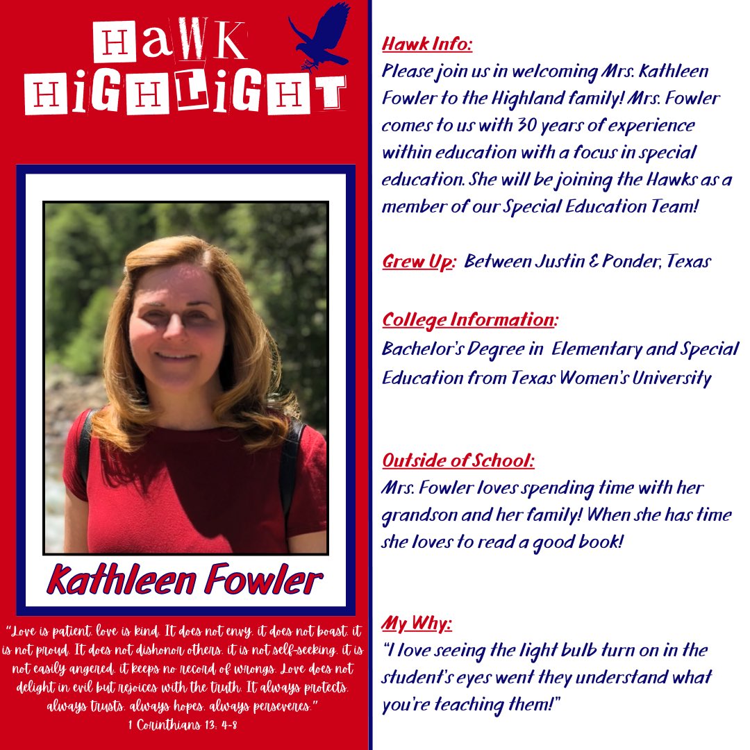 🚨🚨🚨Hawk Highlight Alert!!!🚨 🚨🚨 
Please join us in welcoming Mrs. Kathleen Fowler to the Hawk family!!! ❤️💙
