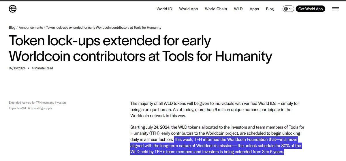According to the announcement - The unlock schedule of $WLD tokens for 80% of TFH’s team members and investors will be extended from 3 years to 5 years. 

After July 24, about 2M $WLD will be unlocked every day~ $4.8M, which is 40% lower than the previous daily unlocking of 3.3M