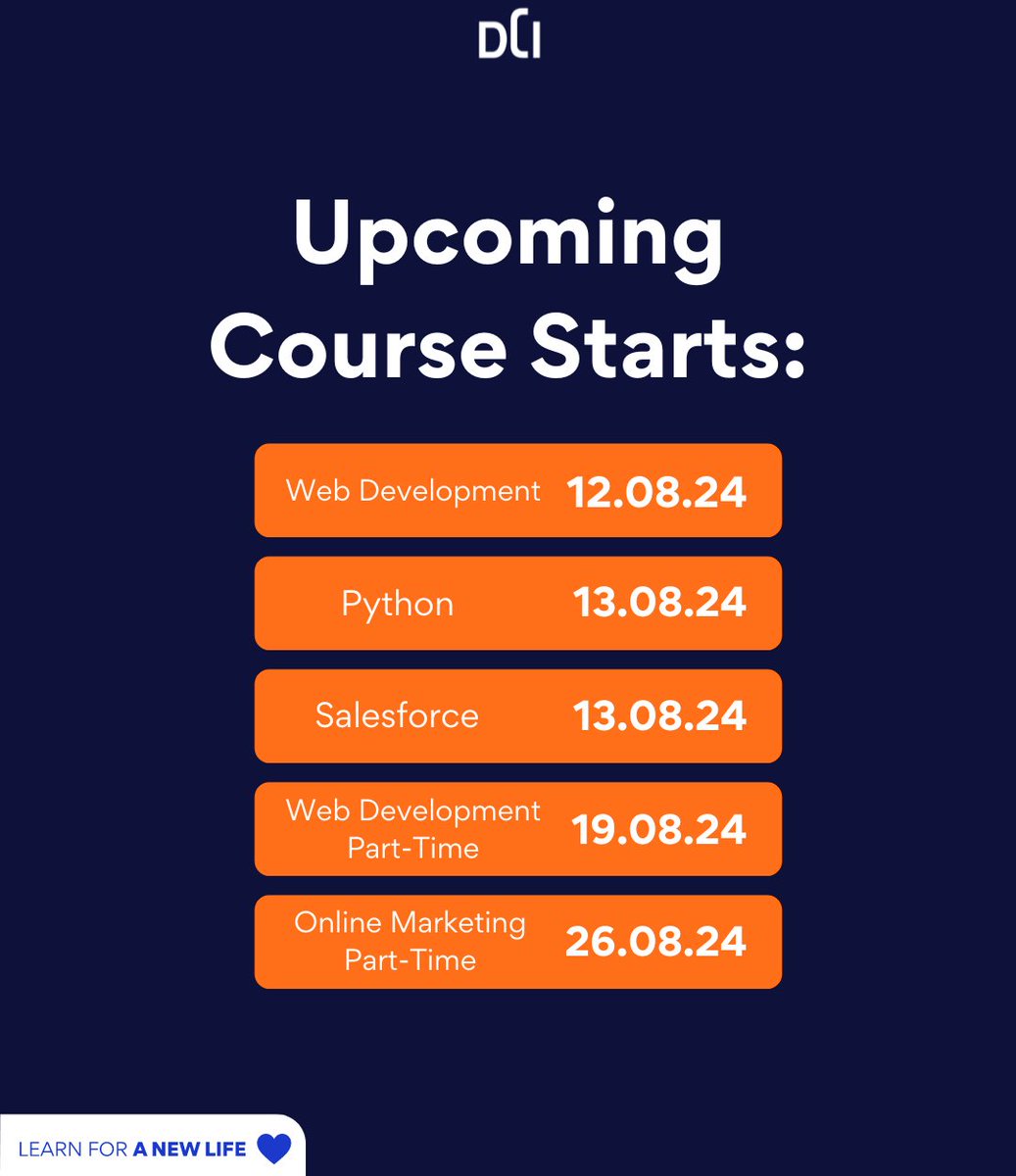 dci_education's tweet photo. Our upcoming course schedule for August is here! Register now and start your digital career in August!  https://t.co/C399Q5aU6b 🚀
👨‍💻 Web Dev - 12.08
🐍 Python - 13.08
☁️ Salesforce - 13.08
👨‍💻 Web Dev part-time - 19.08
💻 Online Marketing part-time - 26.08 https://t.co/2kL8gkH2T8