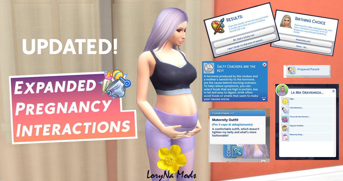 Expanded Pregnancy Interactions's update is now out in Early Access!! Thanks to <a href="/PandaSamaSims4/">PandaSama</a> for collaborating and to <a href="/lumpinou/">Lumpinou's Mods</a> for creating new moods for me!
Read full description of this update here: loryy2818.wixsite.com/lory-na-traduz…