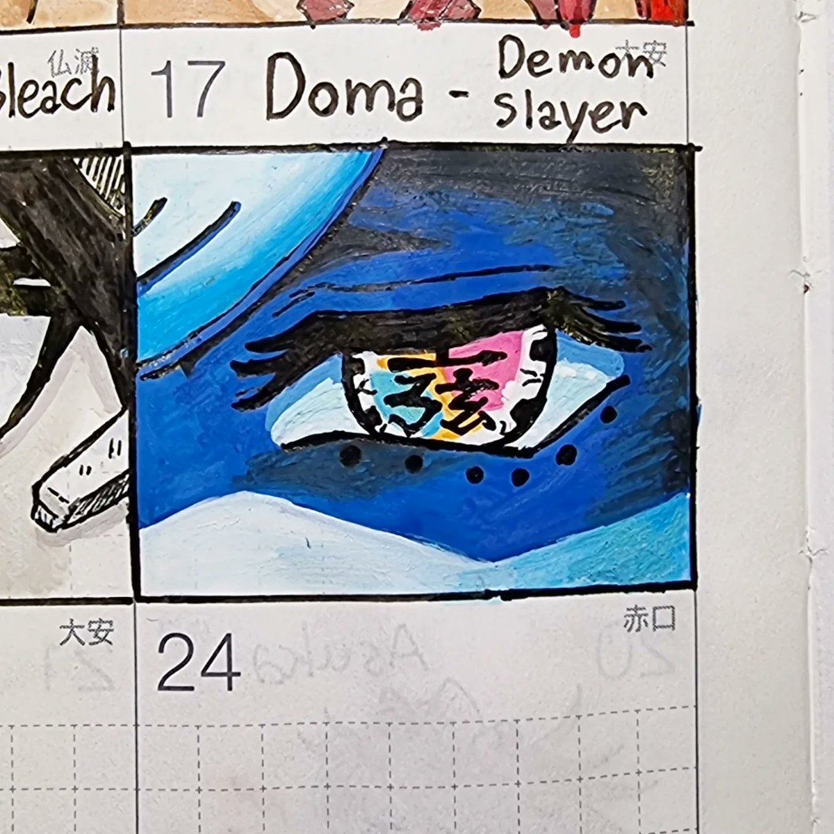 sarojoy's tweet image. My Mini Challenge, July.
"Eyes"(with Acrylic Marker)
Day15-Messmer(Elden Ring)
Day16-Ulquiorra(Bleach)
Day17-Doma(Demon Slayer)
Day18-(Demon)Nezuko 
#hobonichi #acrylicmarker #languo #fanart #messmertheimpaler #eldenring #ulquiorra #bleach #kimetsunoyaiba #doma #nezuko