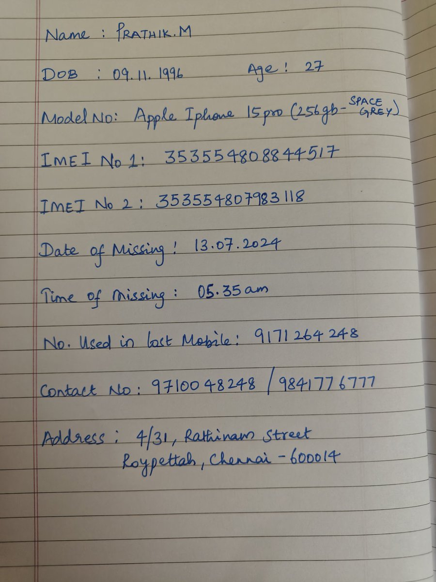 prathik913's tweet photo. @AshwiniVaishnaw @RailMinIndia @RPFCR @APPOLICE100 
Lost my iphone15pro(space grey) inside Tirupati railway station nr the Tickt Kiosk 13 July early mrng around 5.35-5.40am. Reqstng to pls help me find my lost phone. Sharing the dtls which could hlp in tracking the phone. Thk u. https://t.co/iV60qfkkKg