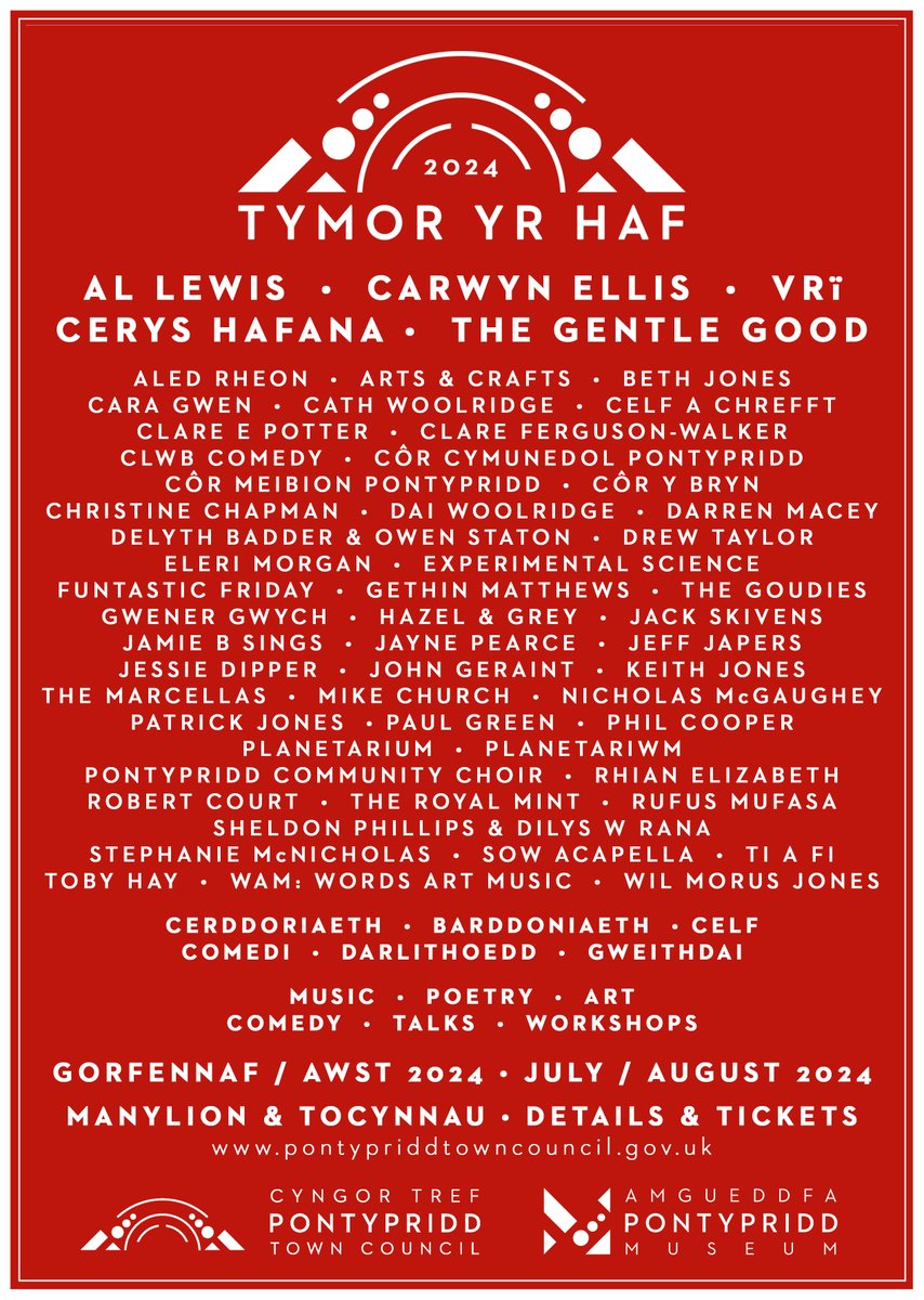 Staylittle Music (@staylittlemusic) on Twitter photo We're bringing a host of free performances to <a href="/PontyMuseum/">Amgueddfa Pontypridd Museum</a> as part of <a href="/PontyTC/">PTC</a>'s #TymorYrHaf, including <a href="/allewismusic/">Al Lewis</a> <a href="/colorama_sound/">Carwyn Ellis & Rio 18</a> <a href="/ghbonello/">Gareth Bonello</a> <a href="/CerysHafana/">Cerys Hafana</a> @vri_cymru <a href="/AledRheon/">Aled Rheon</a> <a href="/thegoudies/">The Goudies</a> <a href="/tobyhaymusic/">Toby Hay</a> <a href="/caragwen/">Cara Cullen</a> <a href="/SOWAcapella/">SOW Acapella</a> & The Marcellas.
pontypriddtowncouncil.gov.uk/tymor-yr-haf-p… We're bringing a host of free performances to <a href="/PontyMuseum/">Amgueddfa Pontypridd Museum</a> as part of <a href="/PontyTC/">PTC</a>'s #TymorYrHaf, including <a href="/allewismusic/">Al Lewis</a> <a href="/colorama_sound/">Carwyn Ellis & Rio 18</a> <a href="/ghbonello/">Gareth Bonello</a> <a href="/CerysHafana/">Cerys Hafana</a> @vri_cymru <a href="/AledRheon/">Aled Rheon</a> <a href="/thegoudies/">The Goudies</a> <a href="/tobyhaymusic/">Toby Hay</a> <a href="/caragwen/">Cara Cullen</a> <a href="/SOWAcapella/">SOW Acapella</a> & The Marcellas.
pontypriddtowncouncil.gov.uk/tymor-yr-haf-p…