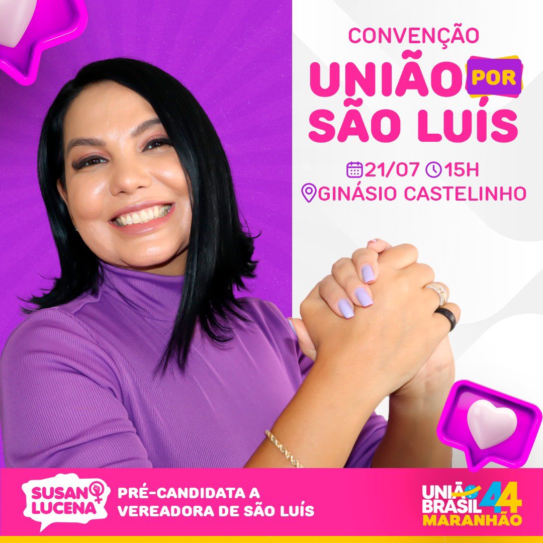 SusanLucena's tweet photo. Alô, minha São Luís!
Te convido para vir comigo dar um passo importante rumo ao futuro da nossa cidade, oficializarei minha candidatura como vereadora na convenção municipal, neste domingo, dia 21, no
Vamos juntos construir uma São Luís mais segura, justa e igualitária. https://t.co/qpvSbbRGnQ