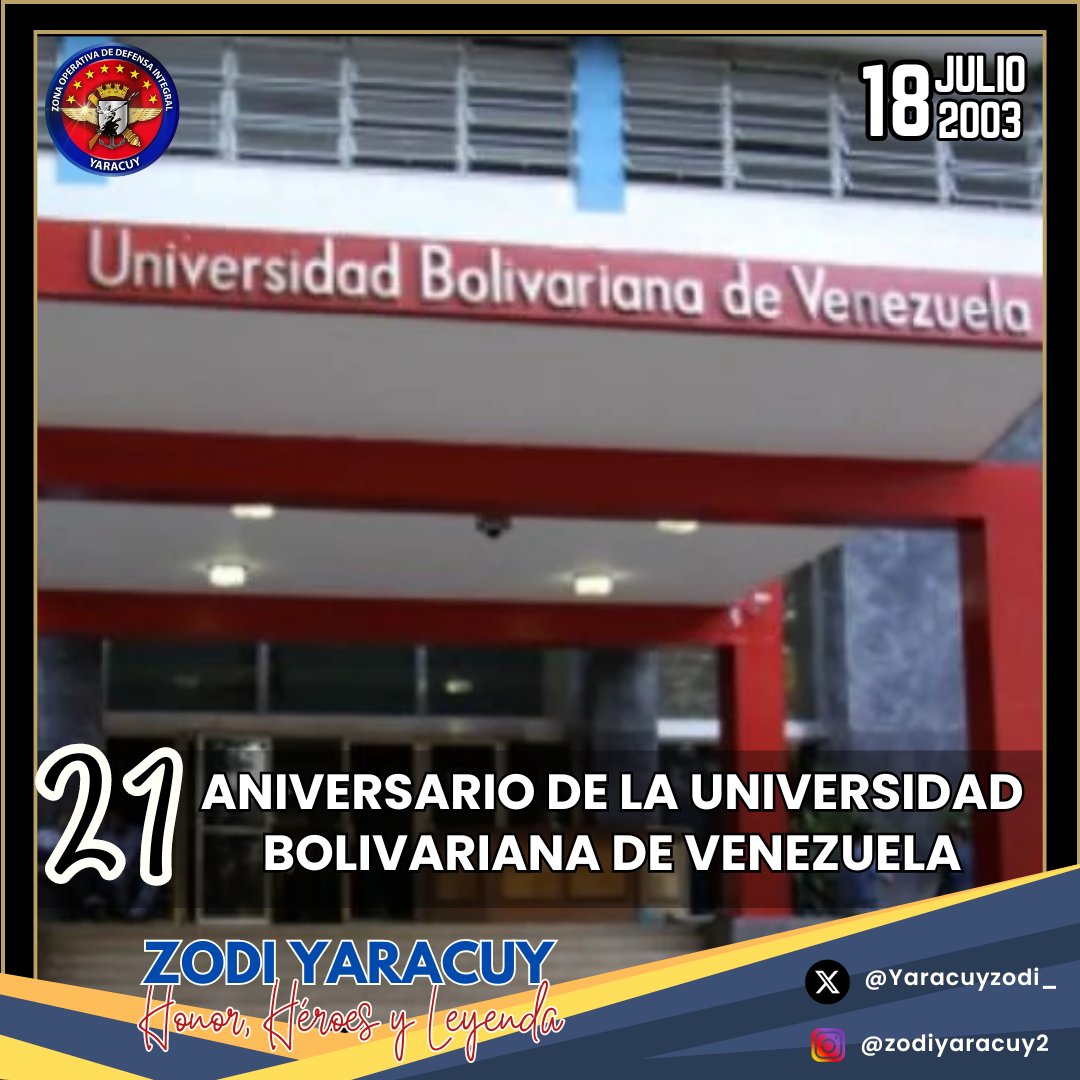 #18Jul || La Universidad Bolivariana de Venezuela (UBV) fue fundada por el presidente Hugo Chávez Frías en 2003, es reconocida a nivel nacional por su papel en la Misión Sucre. Es considerada como parte del legado del presidente Chávez. ¡Feliz Aniversario!

#ZODIYaracuy