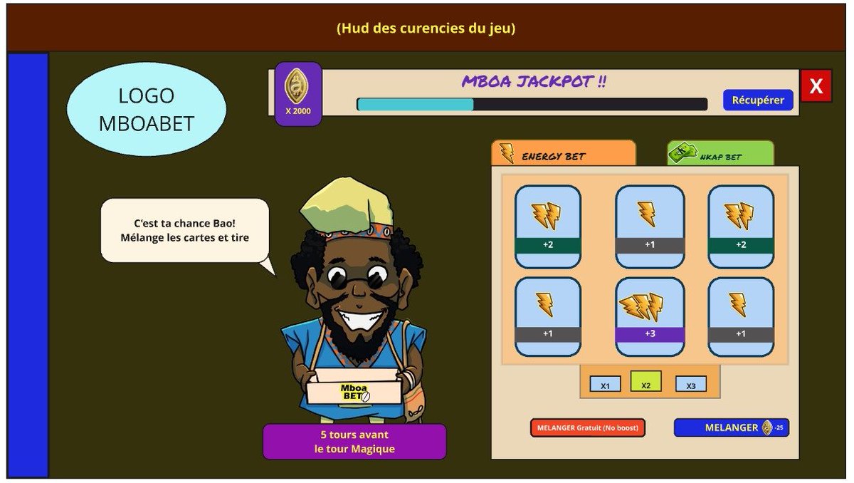 madibaOlivier's tweet photo. Work in progress dans #LeResponsableMboa

On fait une fenêtre "MboaBet"  où le joueur dois choisir des cartes au hasard pour des bonus (elles vont se retourner et se mélanger)

1) Modèle avec cartes à 2 lignes
2) modèles cartes sur une seule ligne

Vous préférez quel prototype?
Répondez en expliquant svp

PS: Un jour je vais vous raconter l'histoire du personnage qui donne MboaBet 😂
