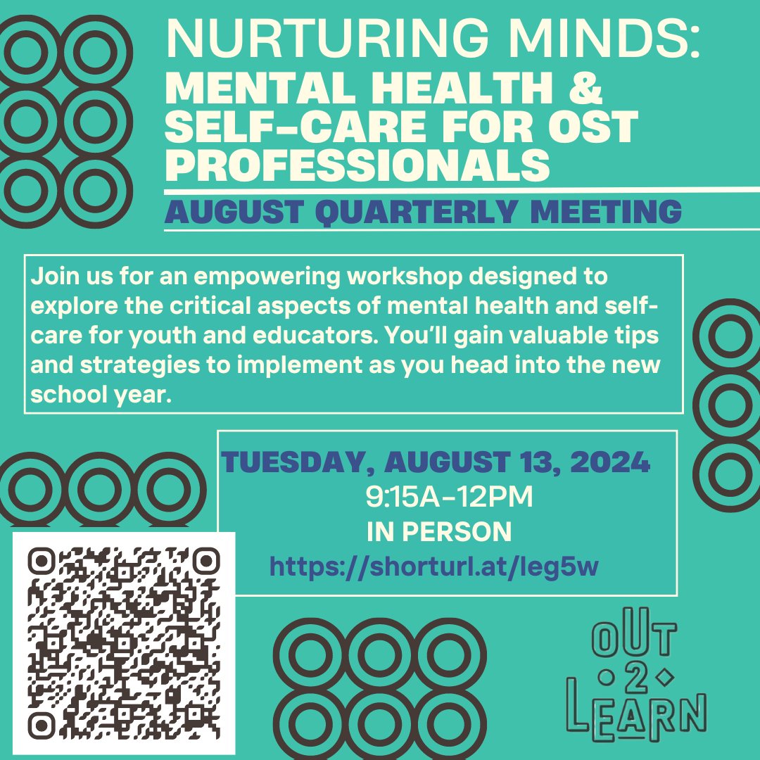 Out2LearnHOU's tweet image. Join us for an empowering professional development workshop designed to explore the critical aspects of mental health and self-care. Scan the QR code or visit shorturl.at/leg5w to register today!
#out2learn #O2L #outofschooltime #OST #afterschoolprograms #afterschool #HTX