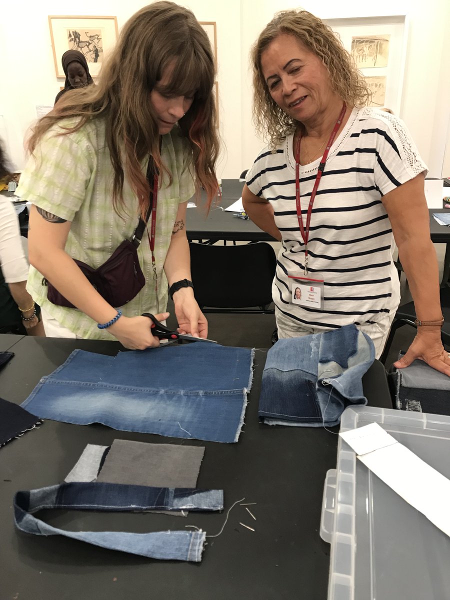 Creative recycling at the gallery today in our Make Against Waste denim tote bag workshop. Textile artist Lucianne Canavan instructed the group on how to sew offcuts of denim into a unique and useful bag, decorated with individual style.