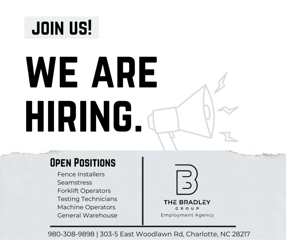 JobsAtBradley's tweet photo. We are hiring MULTIPLE positions ASAP! Call us today to learn more!
📷980-308-9898
📷303-5 East Woodlawn Rd, Charlotte, NC 28217 https://t.co/qxHN8lX4Jm