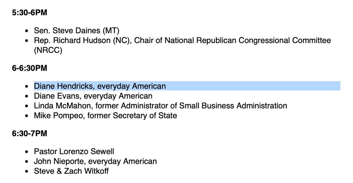 PhilipWegmann's tweet photo. The RNC program lists Diane Hendricks, who is speaking here, as “an everyday American.”

The businesswoman is a Republican mega-donor worth $20 billion and easily one of the richest people in Wisconsin. https://t.co/JktbJmR5Kj