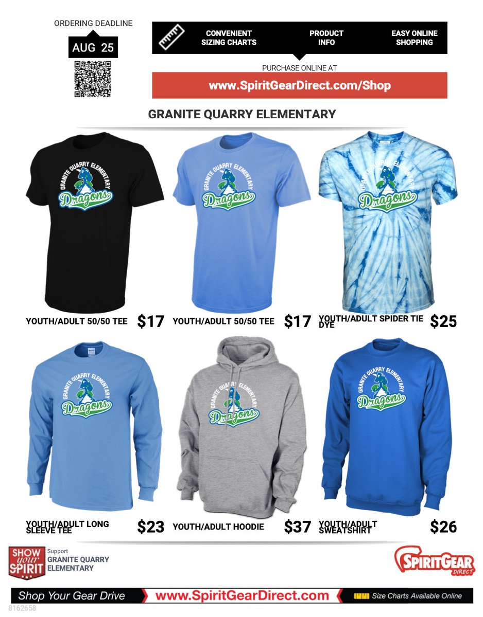 Happy Thursday, Dragons! Guess what? New GQES Spirit Gear has arrived. Check out the flyer and order yours today! All orders must be received by August 25th. Use the link below to order! #DragonsROAR
bit.ly/3WtaD1K