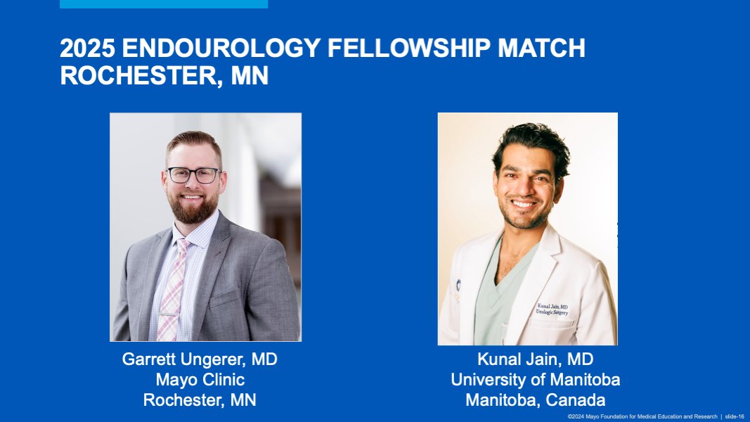 Mayo Clinic Urology (@mayourology) on Twitter photo Congratulations to our 2025 Endourology and Minimally Invasive Urological Surgery fellowship matches in Rochester!
<a href="/KunalJainMD/">Kunal Jain</a> will join us following residency <a href="/ManitobaUrology/">Manitoba Urology</a>, and <a href="/GarrettUngerer/">Garrett Ungerer</a> will complete his residency here <a href="/MayoUrology/">Mayo Clinic Urology</a>!
#EndouroMatch Congratulations to our 2025 Endourology and Minimally Invasive Urological Surgery fellowship matches in Rochester!
<a href="/KunalJainMD/">Kunal Jain</a> will join us following residency <a href="/ManitobaUrology/">Manitoba Urology</a>, and <a href="/GarrettUngerer/">Garrett Ungerer</a> will complete his residency here <a href="/MayoUrology/">Mayo Clinic Urology</a>!
#EndouroMatch