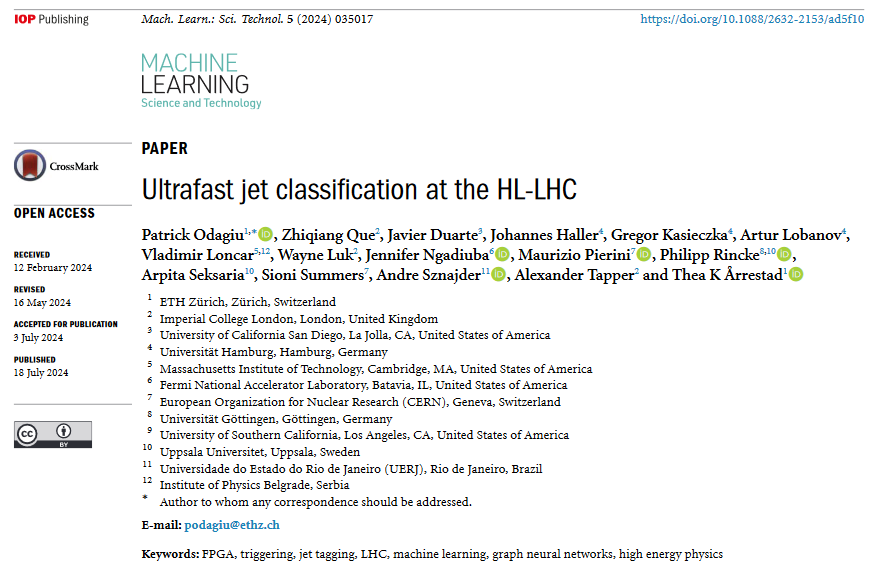 Machine Learning: Science and Technology (@mlstjournal) on Twitter photo Great new work by <a href="/quezq/">Zhiqiang (Walkie) Que</a> <a href="/jmgduarte/">Javier M. Duarte</a> <a href="/GregorKasieczka/">Gregor Kasieczka</a> <a href="/Thea_kaa/">Thea Klaeboe Aarrestad</a> et al <a href="/quunihh/">Quantum Universe</a> <a href="/ImperialPhysics/">Imperial Physics</a> <a href="/ETH_physics/">ETH Physics</a> <a href="/UCSDPhysics/">UC San Diego Physics</a> <a href="/CERN/">CERN</a> @CMSexperiment - 'Ultrafast jet classification at the HL-LHC' - iopscience.iop.org/article/10.108… #machinelearning #HEP #particlephysics #LHC #jets #FGPA <a href="/hls4ml/">hls4ml</a> Great new work by <a href="/quezq/">Zhiqiang (Walkie) Que</a> <a href="/jmgduarte/">Javier M. Duarte</a> <a href="/GregorKasieczka/">Gregor Kasieczka</a> <a href="/Thea_kaa/">Thea Klaeboe Aarrestad</a> et al <a href="/quunihh/">Quantum Universe</a> <a href="/ImperialPhysics/">Imperial Physics</a> <a href="/ETH_physics/">ETH Physics</a> <a href="/UCSDPhysics/">UC San Diego Physics</a> <a href="/CERN/">CERN</a> @CMSexperiment - 'Ultrafast jet classification at the HL-LHC' - iopscience.iop.org/article/10.108… #machinelearning #HEP #particlephysics #LHC #jets #FGPA <a href="/hls4ml/">hls4ml</a>
