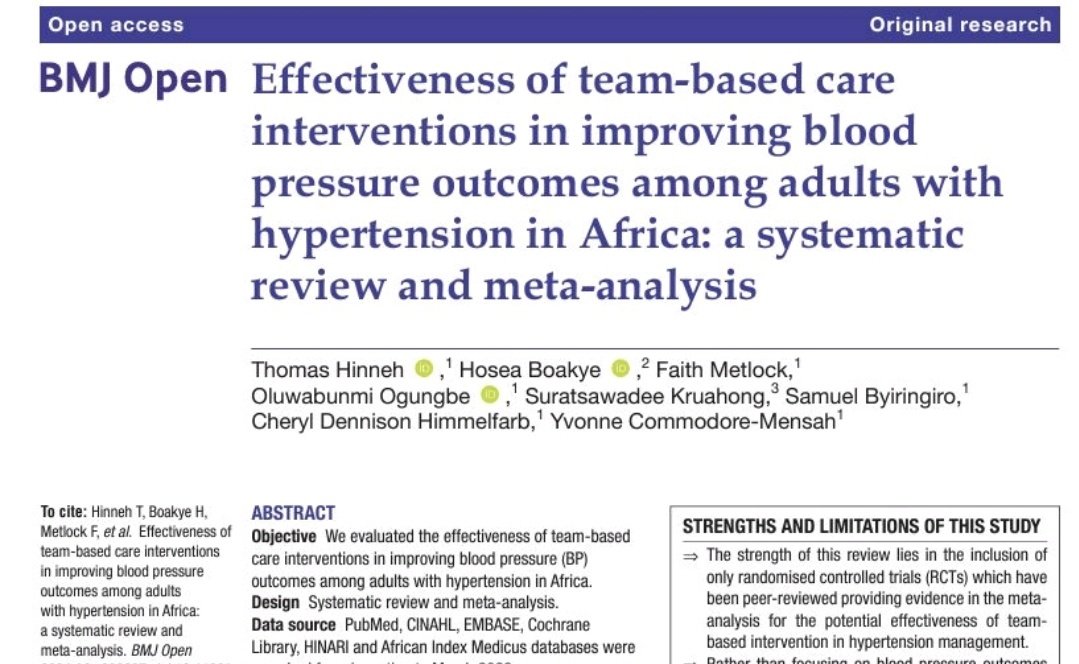 hi_foundation's tweet photo. Effectiveness of team-based care interventions in improving blood pressure outcomes among adults with hypertension in Africa: a systematic review and meta-analysis. @nanaHinneh1
https://t.co/jwwVitkDWY https://t.co/jHWu5uyFat