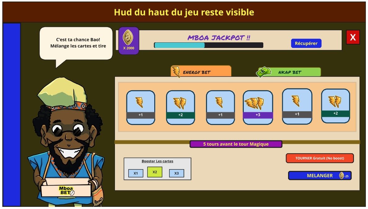 madibaOlivier's tweet photo. Work in progress dans #LeResponsableMboa

On fait une fenêtre "MboaBet"  où le joueur dois choisir des cartes au hasard pour des bonus (elles vont se retourner et se mélanger)

1) Modèle avec cartes à 2 lignes
2) modèles cartes sur une seule ligne

Vous préférez quel prototype?
Répondez en expliquant svp

PS: Un jour je vais vous raconter l'histoire du personnage qui donne MboaBet 😂