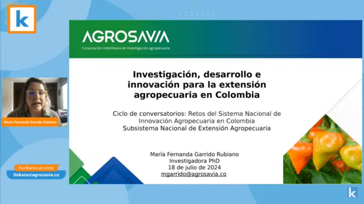 IICAColombia's tweet photo. En las sesiones del ciclo de conversatorios 'Retos del Sistema Nacional de Innovación Agropecuaria en Colombia', interviene M. Fernanda Garrido, Investigadora PhD. @AGROSAVIA
Transmisión  https://t.co/hhDQVF7GvR 
#Rener https://t.co/4I3zauMHfo