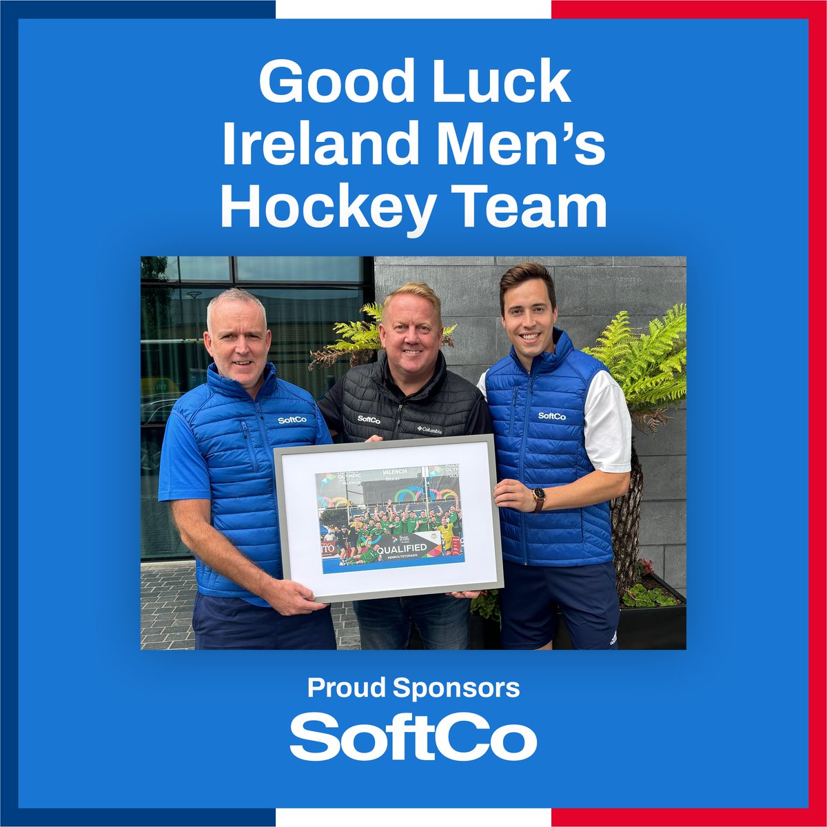 SoftCoGroup's tweet photo. Good luck to Mark Tumilty, Head Coach, Sean Murray, Captain and the entire SoftCo sponsored Ireland Men's Hockey Team as they head off today for the Summer Games in France! #teamsoftco #greenmachine @IreMenHockey @irishhockey https://t.co/mq1mMe16Is