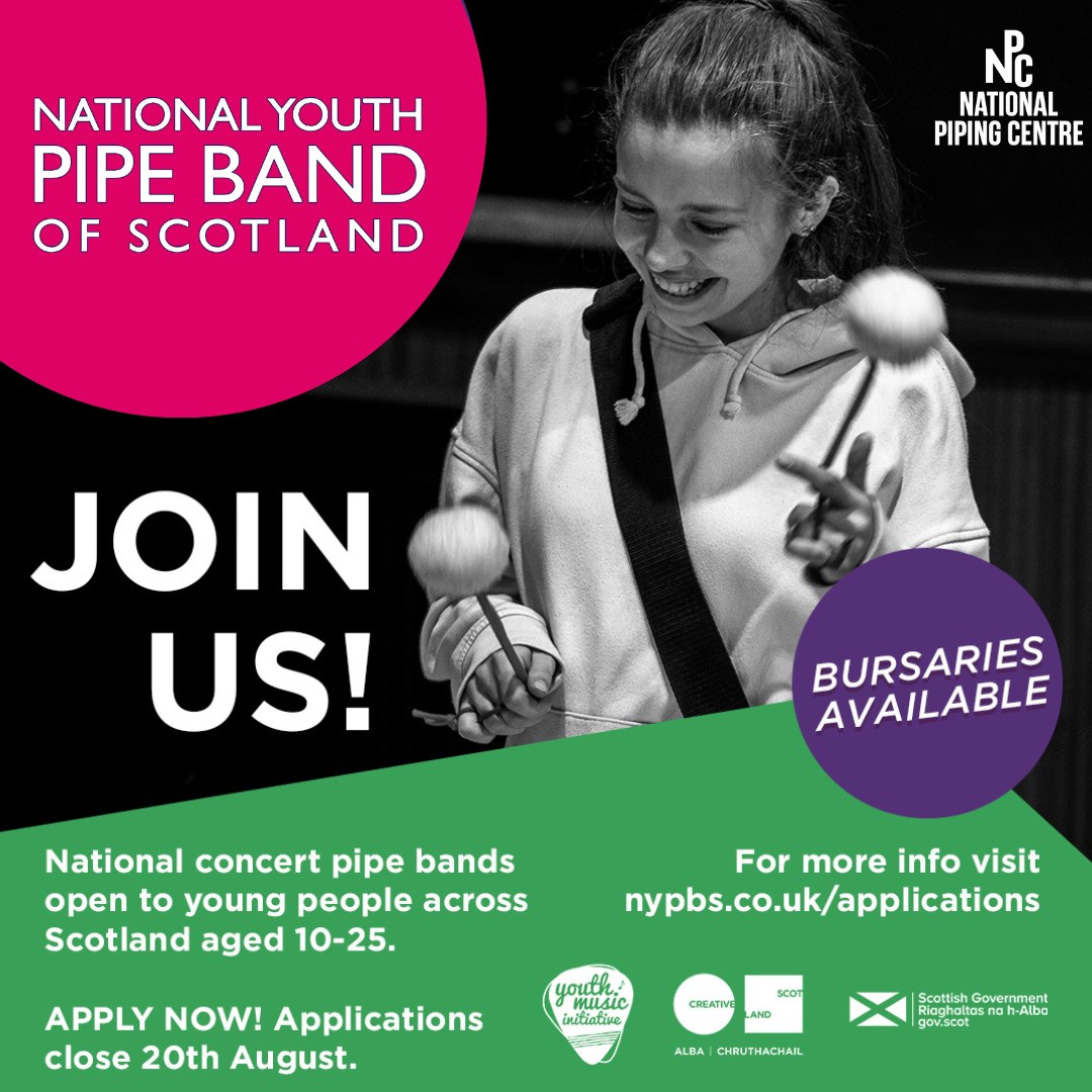 Applications now open for young pipers and drummers aged 10-25 from across Scotland to join the <a href="/nypbos/">NYPBoS</a>! NYPBS Ensembles provide opportunities for top young players to challenge themselves to grow as musicians. Deadline August 20

Learn more at nypbs.co.uk/applications