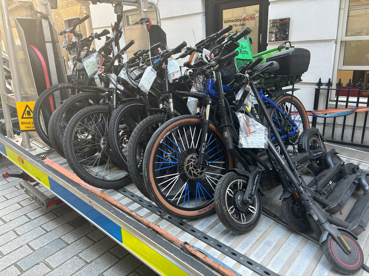 #CycleTeam’s latest round of seized illegal E-bikes &amp; E-Scooters, heading off to the pound. 
In total 14 bikes were sent, 12 of which were seized in just 1 day. 
These motor vehicles are dangerous and should never be used on public roads. 185CP