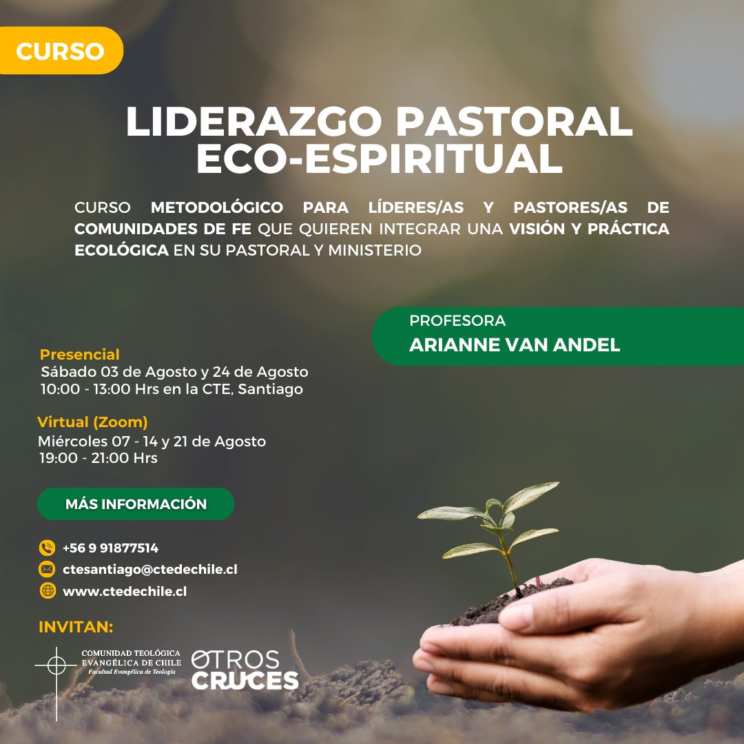 🌱<a href="/ctedechile/">CTE DE CHILE</a> y Otros Cruces Te invitan al curso de "Liderazgo Pastoral Eco-Espiritual", facilitado por <a href="/ariannevanandel/">Arianne van Andel 🌳</a>.🌎

+ info: 📧 ctesantiago@ctedechile.cl 📧 avanandel@otroscruces.org

¡Inscríbete ahora! 
👉forms.gle/mZNtrV17DKNeVd…
