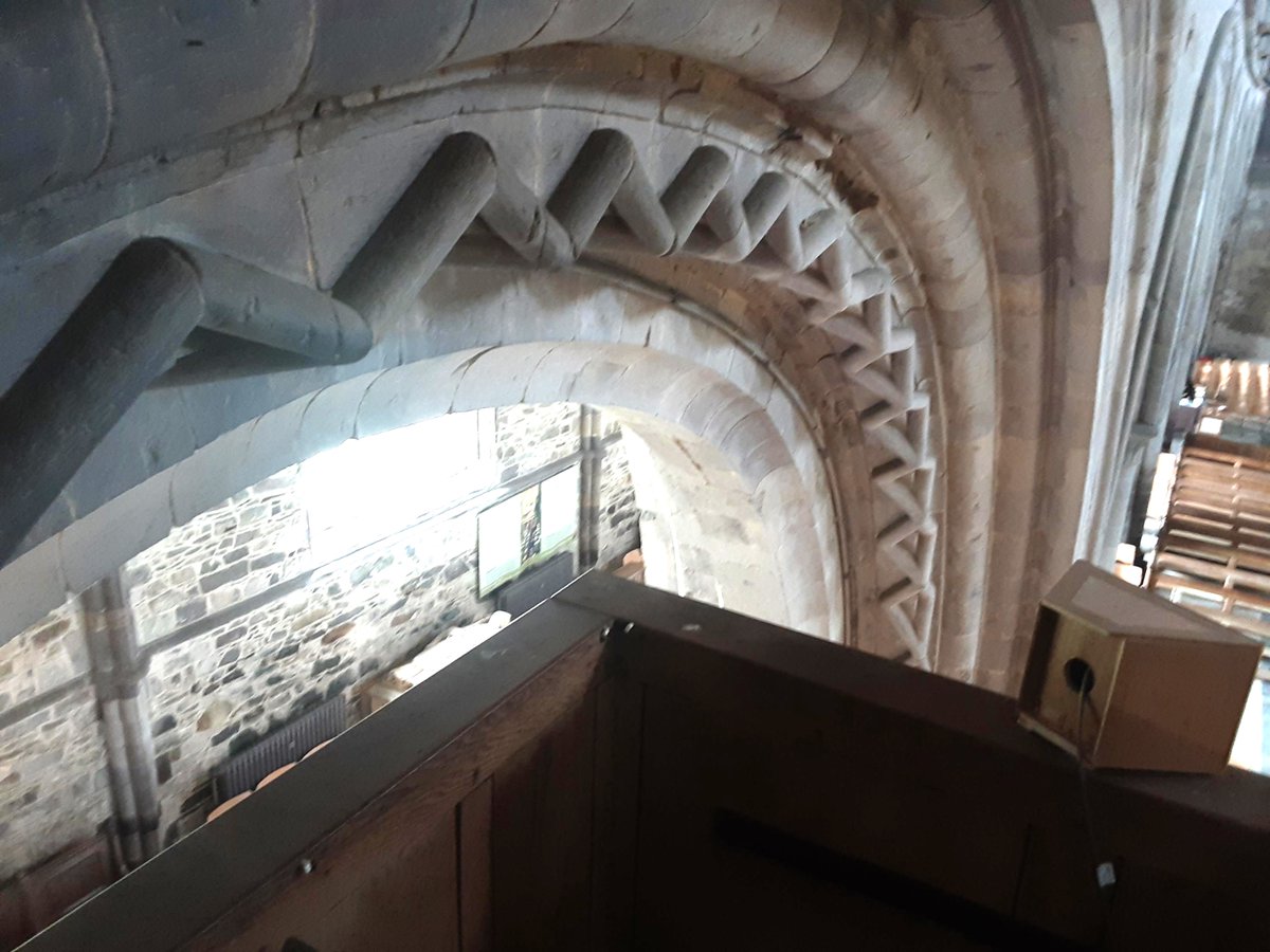 StDavCathLib's tweet photo. #ThrowbackThursday to 1180s when chevroned nave arches &amp; triforium built in @StDavidsCath 
&amp; to 1340s when Henry de Gower built screen &amp; current organ loft 
- so that organist @laurencejohn97 could show @BritArchAssoc members his place of work amidst glorious medieval chevrons. https://t.co/f5EWjysL2n