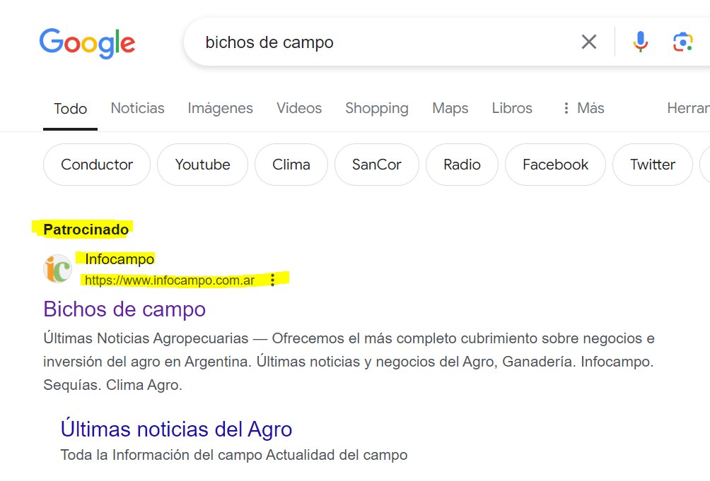 matiaslongoni's tweet photo. ¿Qué pasa si uno busca "Bichos de Campo" en Google?
El contenido patrocinado te deriva hacia la competencia.
¡Consuma el original! ¡No se deje confundir! 
De premio recibirá información genuina. https://t.co/QC0yEufznw