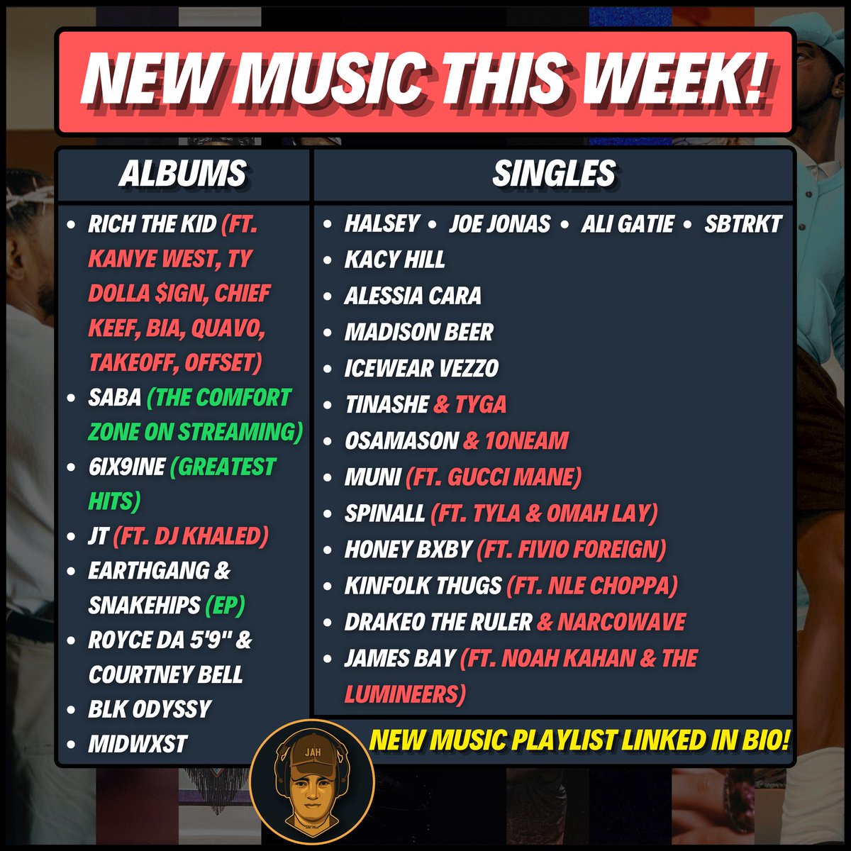 JahTalksMusic's tweet photo. Who’s getting your first listen tonight???
💿 Childish Gambino
💿 Denzel Curry
💿 Blxst
💿 Rich The Kid
💿 Earthgang & Snakehips
🎵Big Sean
🎵Logic
🎵Tory Lanez
🎵Benny The Butcher
🎵Khalid
🎵4Batz & Usher
🎵G Herbo & Skilla Baby
🎵Rob49 & Cardi B
🎵Maxo Kream
Or others ⤵️ https://t.co/a0W7Kwvyfx